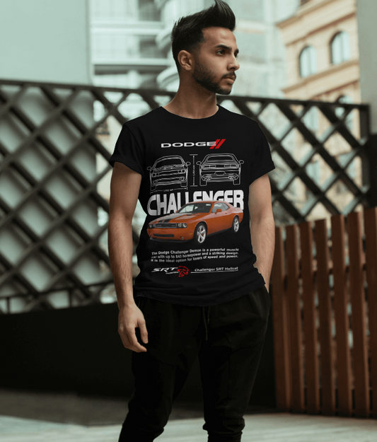 Red Dodge Challenger SRT Hellcat Blueprint T-Shirt (Black)
