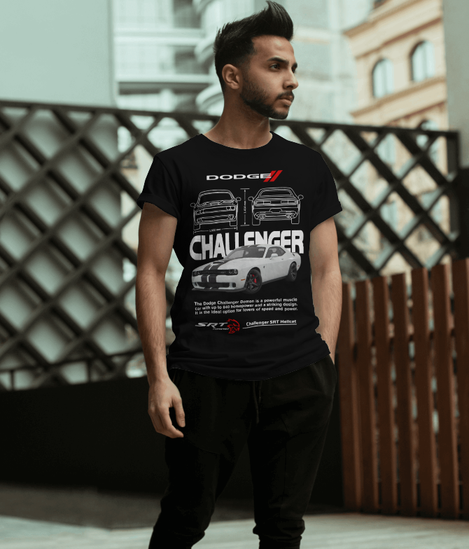 White Dodge Challenger SRT Hellcat Blueprint T-Shirt (Black)