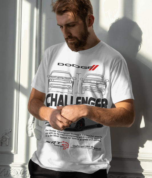 White Dodge Challenger SRT Hellcat Blueprint T-Shirt (White)